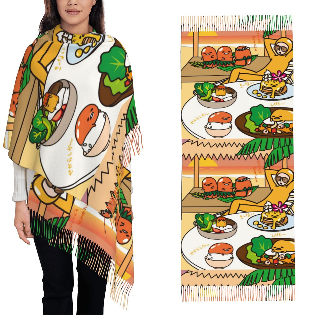 태슬이 달린 여성용 스카프 구데타마 귀여운 계란 만화  - Pashmina Wrap Large 리뷰 및 가격
