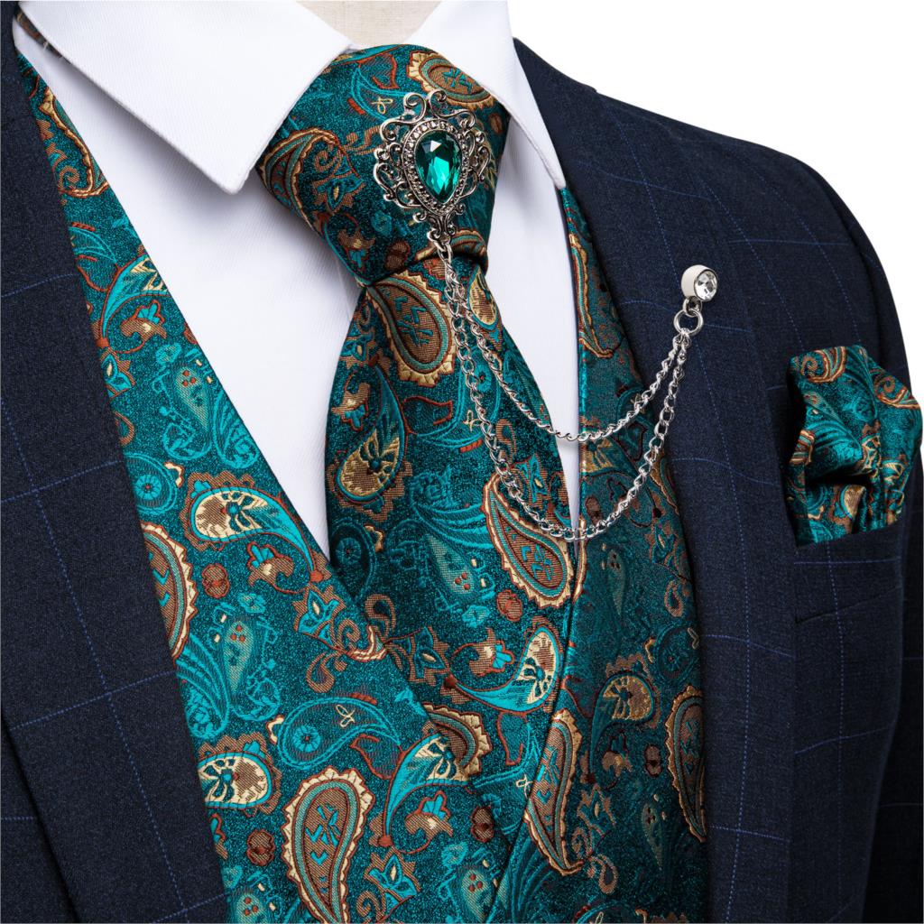 새로운 청록색 페이즐리 무늬 정장 조끼 남성 정장 조끼 - Pocket Square Set 리뷰 및 가격