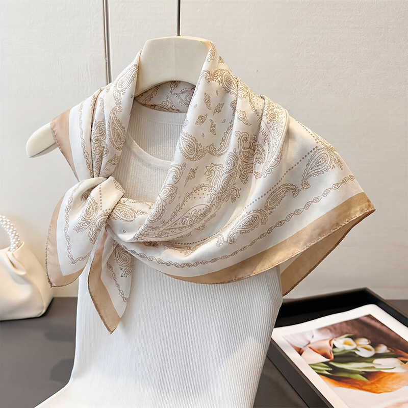 빈티지 베이지 페이즐리 프린트 스퀘어 스카프 새틴 실크 - Ascot Neck Scarf 리뷰 및 가격