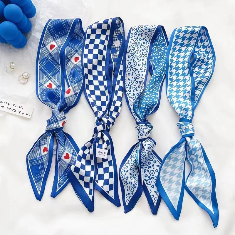 클라인 블루 실크 스카프 여성용 새 체크무늬 헤어밴드, - Ascot Neck Scarf 리뷰 및 가격